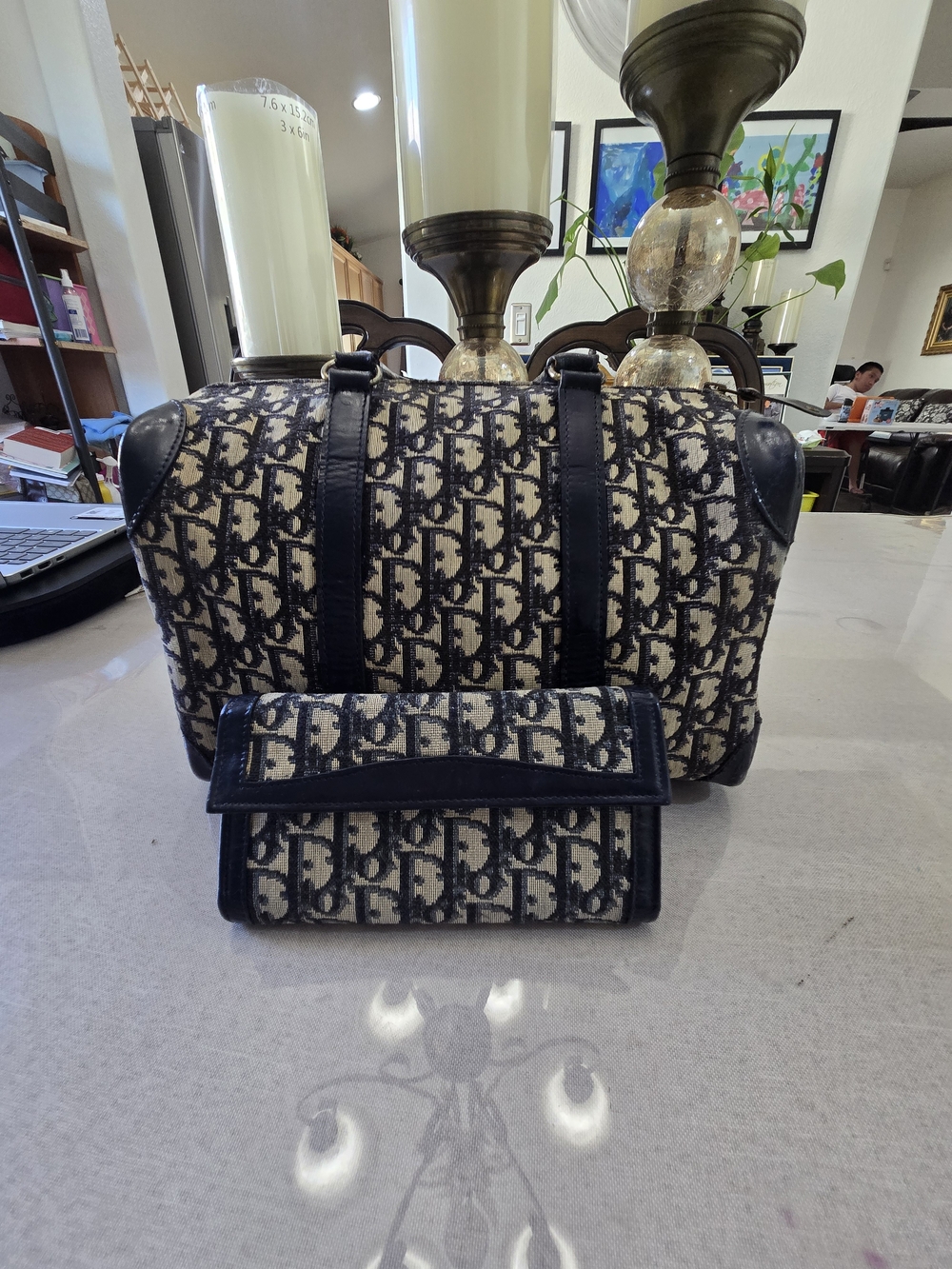 Christian Dior White And Navy Blue Travel BostonBag with Matching Wallet Vintage